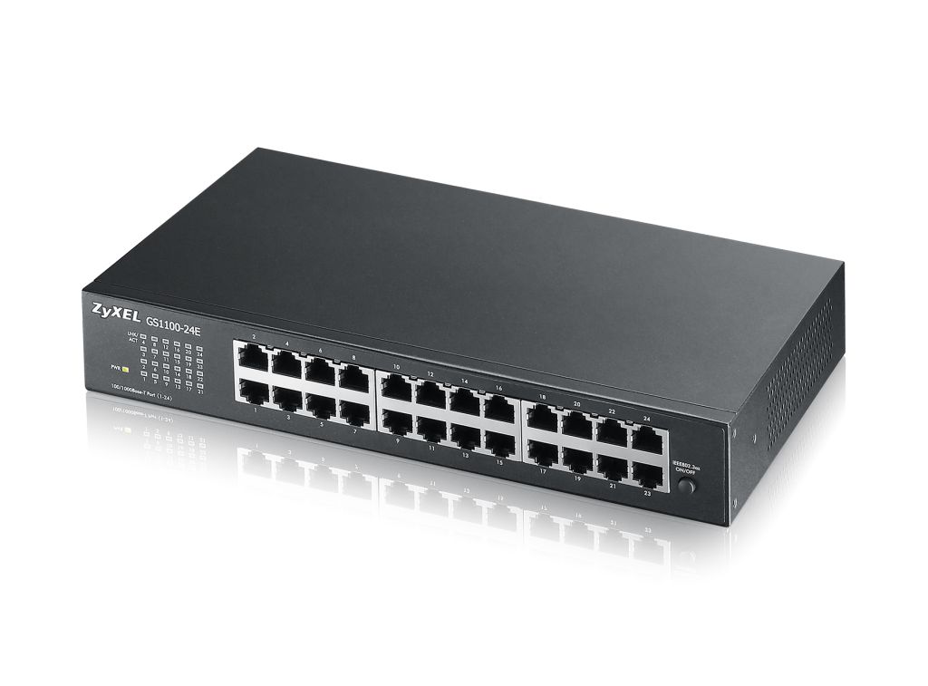Zyxel Switch unmanaged Layer2 24 Port • 24x 1 GbE • 19" • Lüfterlos • GS1100-24E V3 Zyxel Switch unmanaged Layer2 24 Port • 24x 1 GbE • 19" • Lüfterlos • GS1100-24E V3