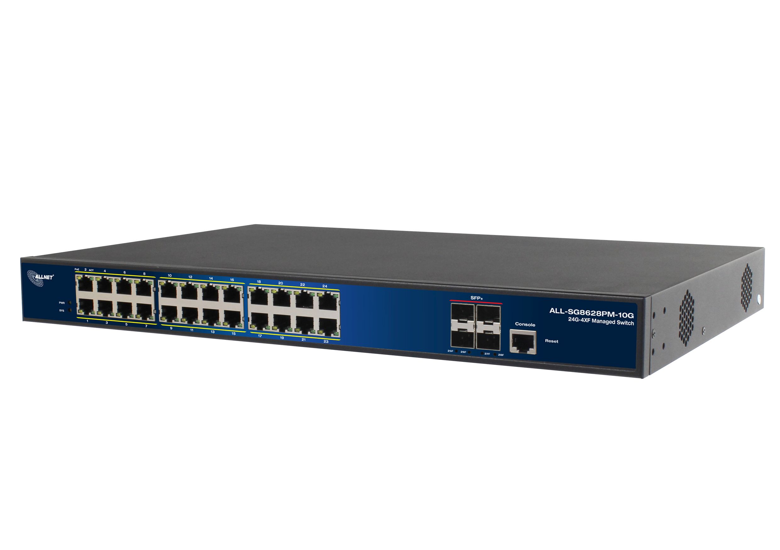 ALLNET Switch full managed Layer2+ 24 Port • 24x GbE • PoE Budget 370W • 24x PoE at • 4x SFP+ • 19" • JSON API • ALL-SG8628PMJ-10G