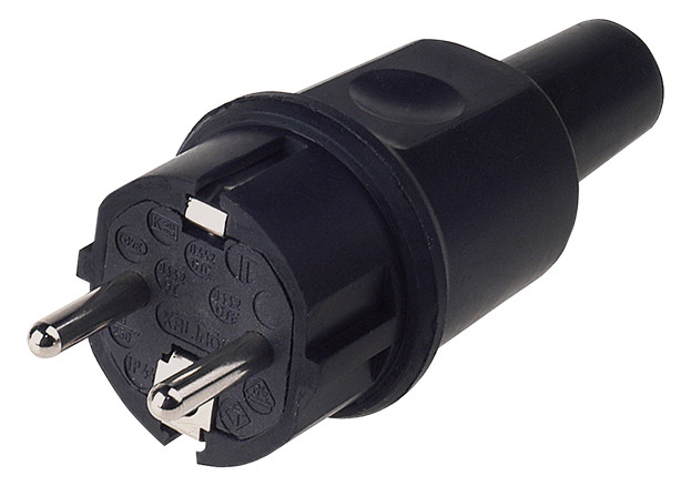 Bachmann Stecker, CEE 7/7, Schutzkontakt, schwarz, Vollgummi Stecker B/F, IP44, schwarz