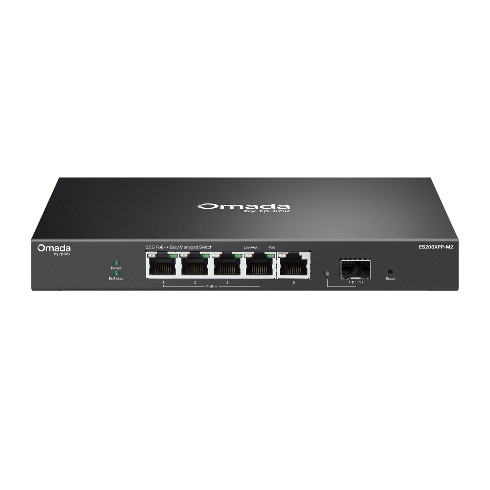 TP-Link Switch Easy Managed 6 Port • 5x 2.5 GbE • 1x SFP • 5x PoE Ports • PoE Budget 120 Watt • LüFterlos, Omada • ES206XPP-M2