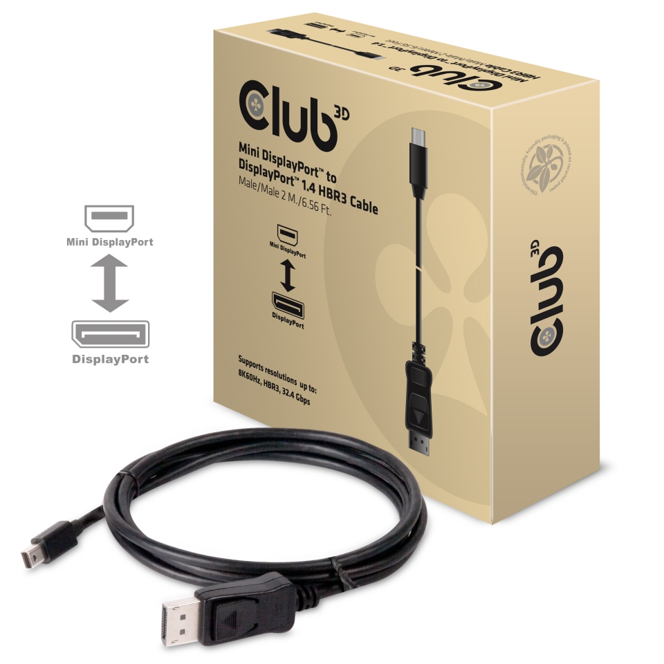 CLUB3D Mini DisplayPort to DisplayPort 1.4 HBR3 8K60Hz Cable, 2 Meter / 6.56 Feet