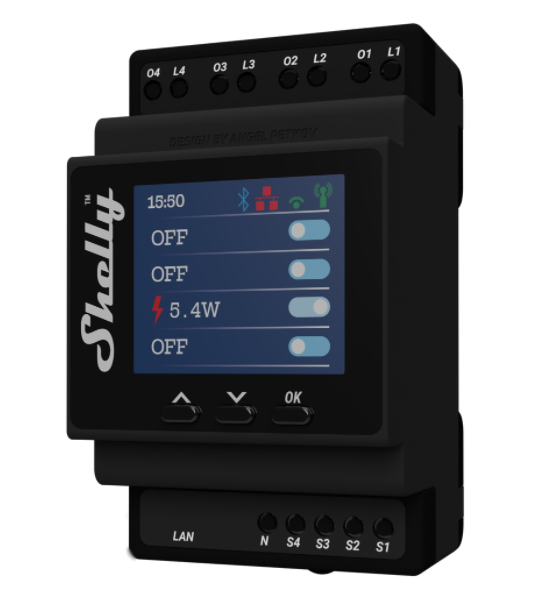 Shelly · Hutschiene · "Pro 4PM" · Relais · max. 40A · 1 Phase · 4 Kanäle · Messfunktion · WLAN · LAN · BT