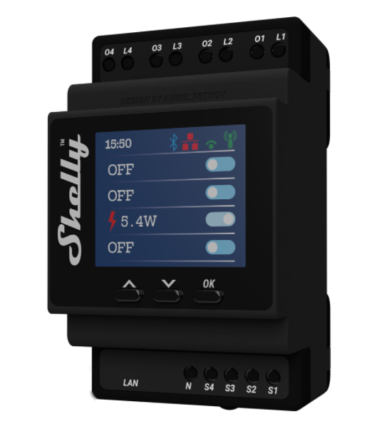 Shelly · Hutschiene · "Pro 4PM" · Relais · max. 40A · 1 Phase · 4 Kanäle · Messfunktion · WLAN · LAN · BT Shelly · Hutschiene · "Pro 4PM" · Relais · max. 40A · 1 Phase · 4 Kanäle · Messfunktion · WLAN · LAN · BT