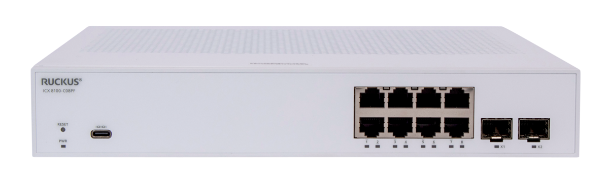 RUCKUS Networks Switch Full Managed Layer2 10 Port • 8x 1 Gbe • 2x 1g Sfp • Advanced Layer 2 • Poe Budget 124 W • Icx8100-08p
