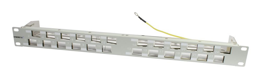 Keystone,Modulträger, 19"Patchpanel für 24xTP-Modul,  1HE(t 96mm) 45Grad Schrägauslass, Lichtgrau, Synergy 21,