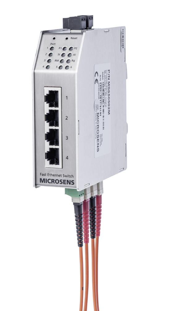 Microsens Industrie 6 Port Fast Ethernet Switch mit Ring-Funktion,  2 x SC duplex (Singlemode), 4 x RJ45, MS650504M