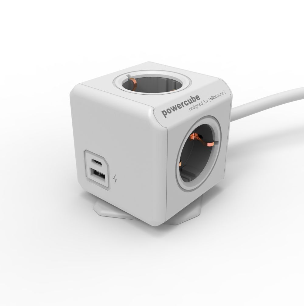 DesignNest(Allocacoc) Powercube, Extended USB A+C, 4xDosen(CEE7)->Stecker(CEE7), 1.5m, weiss/grau