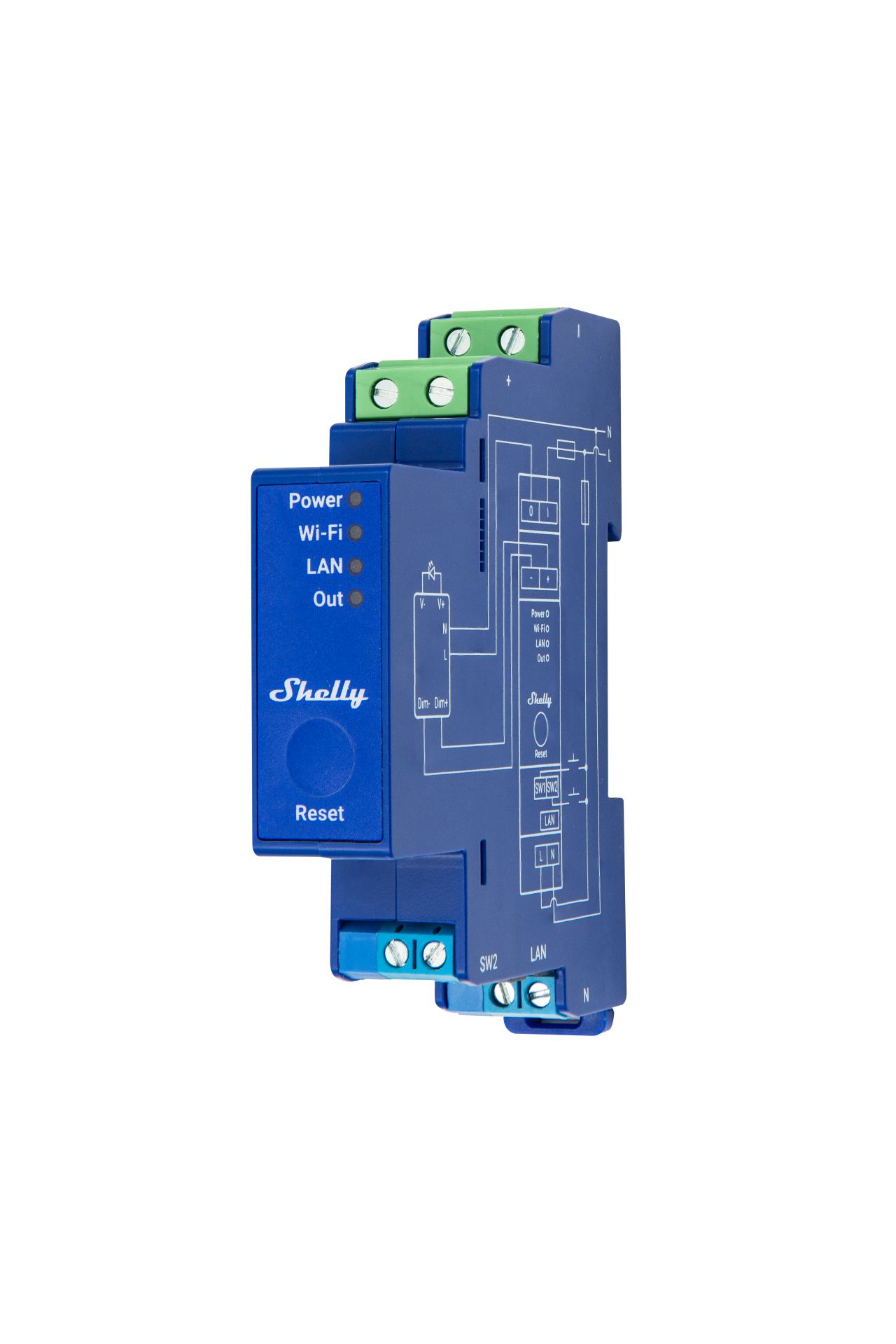 Shelly · Hutschiene · "Pro Dimmer 0/1-10V PM" · Messfunktion · WLAN · LAN · BT