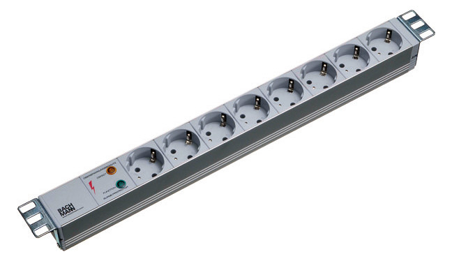 ALLNET 19"zbh. Steckdosenleiste, 8xDosen(CEE7)->Stecker(CEE7), ÜS, ALU, Lichtgrau, Bachmann,